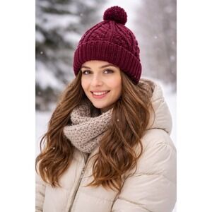 Handmade Burgundy Cable Knit Bobble Pom Pom‎ Beanie Hat Wine Red Winter Cap